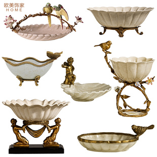 欧式美式家居饰品陶瓷，配铜天使果盘高档奢华经典，个性糖果盘碟摆件