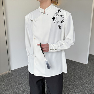春夏季小众斜门襟金属扣立领中国风衬衣男长袖竹叶刺绣设计感衬衫