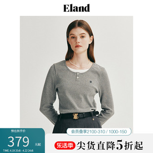 eland衣恋长袖t恤女舒适假两件针织衫，弹力上衣2024春季