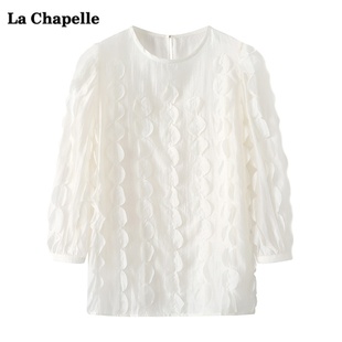 拉夏贝尔/La Chapelle秋季圆领七分袖衬衫女宽松立体花上衣