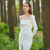 shirleyyu2024法式设计感镶钻白色气质开衩连衣裙长袖礼服女