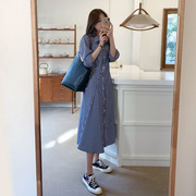 蓝白条纹连衣裙女中长款2022春秋，韩版系带显瘦不规则衬衫裙潮