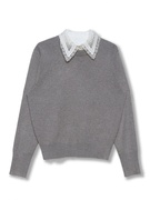 设计感蕾丝镂空领拼接针织衫，2023秋冬季套头，灰色软糯假两件上衣女