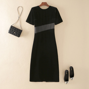 夏季真丝丝绒连衣裙夏装黑色高级感短袖修身长款复古纯色裙子