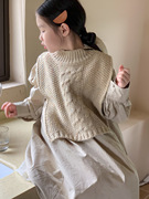 韩版秋季针织长裙泡泡袖毛线，儿童披肩童裙女童纯色连衣裙宽松
