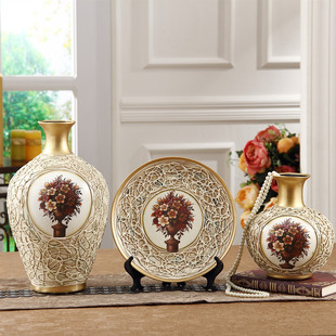 创意陶瓷花瓶三件套摆件欧式奢华复古客厅，家居装饰工艺品摆设