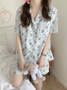 韩版INS春夏格子卡通苹果小熊睡衣女可爱少女短袖两件套装居家服