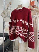 减龄圣诞节小鹿提花套头长袖毛衣冬季宽松小个子慵懒加厚针织衫#
