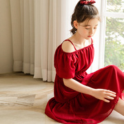 2021夏季女童时髦雪纺连衣裙洋气红裙子中大儿童拼接灯笼袖公主裙