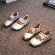 女童皮鞋夏季单鞋银色玛丽珍鞋，2024夏季百搭儿童鞋宝宝公主鞋