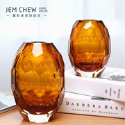 现代简约几何六角花瓶橙色，水晶立体高档玻璃花瓶，摆件玄关酒柜软装
