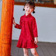 儿童旗袍2023春秋季长袖红色中国风连衣裙女童礼服蕾丝公主裙