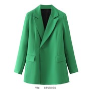 欧美女装 INS欧洲时尚绿色斜扣设计女士西装气质款初春简约外套