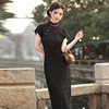新中式旗袍双层长款蕾丝，改良复古连衣裙，少女旗袍时尚连肩袖黑旗袍