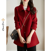 红色双面绒羊毛大衣中长款2022年秋冬红色法式毛呢子女装外套