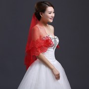 新娘头纱婚纱配饰红色3米5w米超长拖尾头纱韩式蕾丝红头纱红盖头