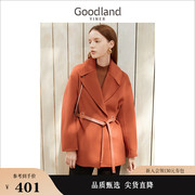 配腰带goodland美地女装，冬季中长款纯羊毛，双面呢大衣外套