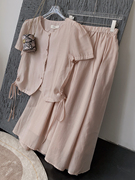 中式纯色圆领单排扣雪纺短袖，上衣a字高腰半身裙，套装时尚休闲洋气
