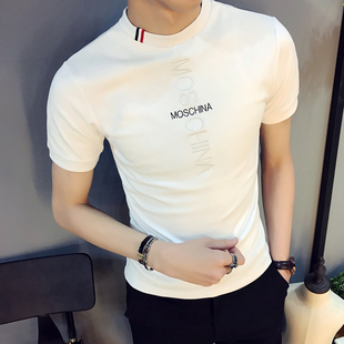夏季个性时尚修身短袖男t恤韩版紧身半高领，打底衫t血桖潮半袖