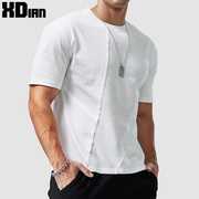 280g重磅短袖t恤男网眼拼接白色宽松纯棉纯色，透气半袖打底衫夏季