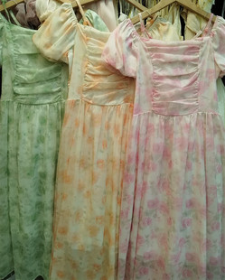 仙气雪纺连衣裙2024夏季雪纺裙短袖吊带两穿长裙甜美印花仙女