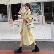 韩系气质休闲淡黄色风衣女2023春秋设计感束腰显瘦中长款外套