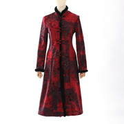 秋冬加厚立领中年女装外套中国风修身红色复古扎染提花连衣裙旗袍