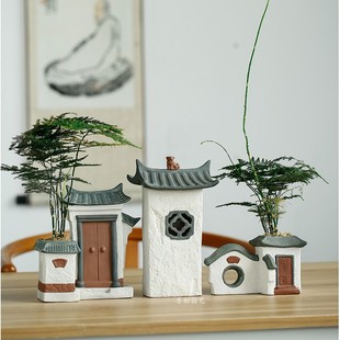 创意中国风陶瓷禅意中式插花瓶花器假花盆景，客厅仿古文竹盆栽摆件