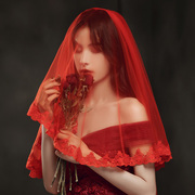 新娘头纱红色蕾丝结婚纱，秀禾服红盖头中式复古风刺绣网纱蒙头喜帕