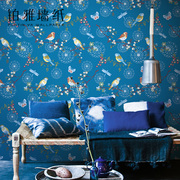 美式田园花鸟无纺布碎花壁纸，浅蓝色复古中式客厅卧室背景墙纸深蓝