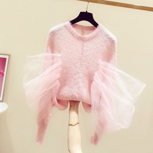 设计感甜美蓬蓬网纱蝙蝠，袖毛衣女2024春装，宽松粉色薄款针织衫