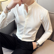 薄款条纹纹路衬衫男长袖，高级感休闲立领，白色上衣外套潮流休闲衬衣