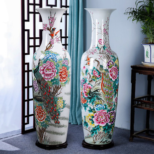 景德镇陶瓷器粉彩手绘孔雀，花瓶摆件落地大花瓶，酒店客厅家居装饰品