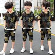 韩版儿童迷彩服套装帅气男童短袖，t恤短裤纯棉，小孩衣服中大童夏装
