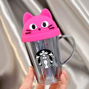 星巴克杯子日本2023万圣节女神猫咪带盖玫红粉色耐热玻璃马克杯