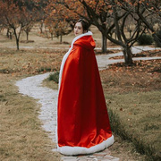新娘秀禾服披肩斗篷冬季连帽汉服女毛领长款加绒加厚外套红色披风