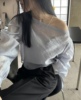 韩国小众设计师款斜肩，不对称雪纺两件套上衣，泡泡袖衬衫