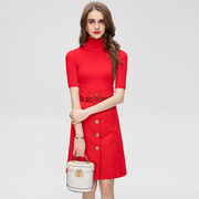 欧洲站2023春季套装法式红色，小香风针织修身显瘦名媛气质短裙