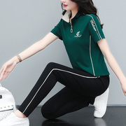 冰丝短袖运动套装夏装2023韩版长裤显瘦女士跑步休闲广场舞服