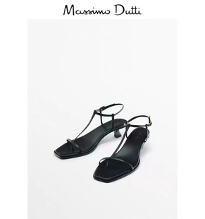 Massimo Duti女鞋2024春夏夹趾真皮黑色粗高跟一字凉鞋女