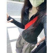 大码胖妹妹黑色冰丝瑜伽服运动防晒衣女夏季长袖上衣短款外套