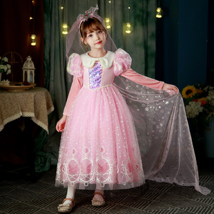 爱洛公主裙2023女童，秋季连衣裙粉色娃娃领艾莎蓬蓬裙披风长裙