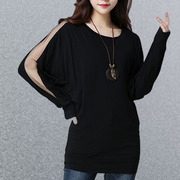 黑色莫代尔棉t恤女性感，网纱拼接长袖蝙蝠衫宽松显瘦遮肉圆领上衣