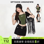 EPTISON短袖T恤女2024夏季美式复古辣妹拼接短款紧身挂脖上衣