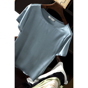 弹力素绉缎真丝圆领t恤女纯色缎面，小衫桑蚕丝，短袖t恤2024夏