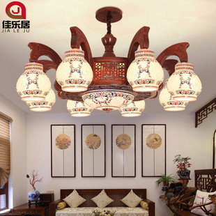 中式客厅吊灯中国风实木陶瓷餐厅，茶室灯别墅复式楼仿古典卧室灯具