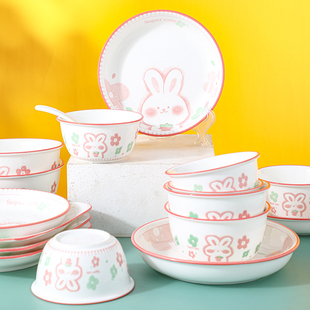 2-4人碗碟套装家用陶瓷餐具，创意个性粉萌兔碗盘，情侣套装碗筷组合