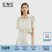 CNC女装白色蕾丝上衣polo领镂空短袖2024春夏休闲不规则下摆外套