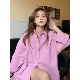 韩系polo领宽松粉红色长袖衬衫，女甜美简约纯色，慵懒风上衣中长款