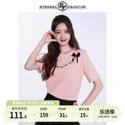 EF蝴蝶结圆领短袖针织T恤2024夏季小众设计感甜美百搭短袖t女